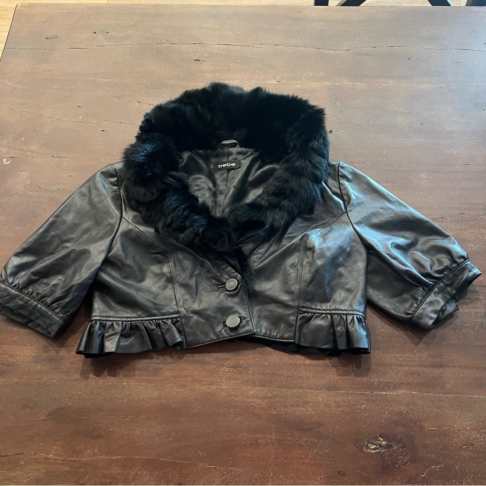 bebe Cropped Black Faux Fur Trim Jacket - Size Small